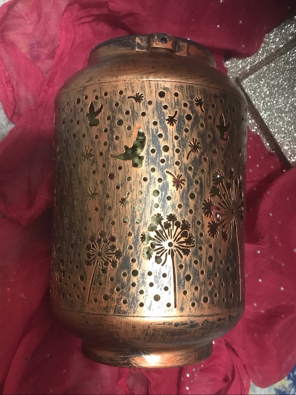 Decorative Copper Lantern with Dandelion Cutouts - Copper
